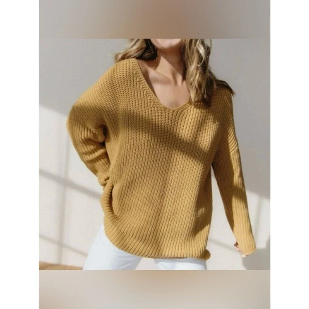Jenni Kayne Cotton Cabin Knit Pullover Sweater Oversized Mustard Yellow